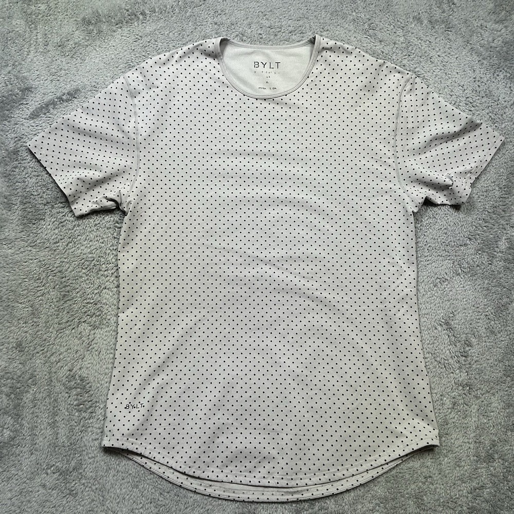 BYLT Shirt Men's XL Cream Black Polka Dot Drop Cut Lux Stretch Casual Gym EUC